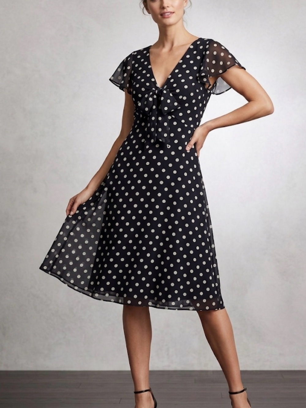 DKNY Black Midi Dress with White Polka Dots and Front Tie